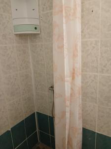 a shower with a white shower curtain in a bathroom at PENSIUNEA ANA Transalpina in Şugag