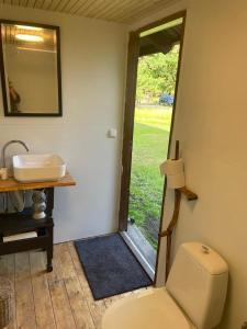 a bathroom with a toilet and a sink and a mirror at JUST Lodges in Orissaare