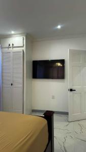 a bedroom with a bed and a tv on the wall at Luxurious 2 Bedroom Apartment- Georgetown in Georgetown