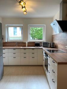 a kitchen with white cabinets and a sink and two windows at Aubing Süd in Munich
