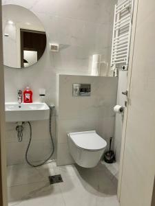 uma casa de banho branca com um WC e um lavatório em Comfort Central Point apartment em Podgorica