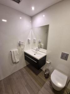 a bathroom with a sink and a toilet and a mirror at Casa do Adro Hotel in Ferreira do Zêzere