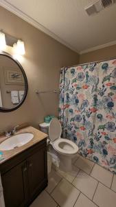 a bathroom with a toilet and a sink and a shower curtain at Ocean Dunes Villas in Hilton Head Island