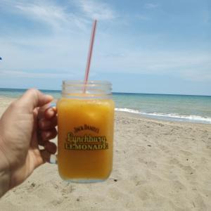 a person holding a glass of orange juice on the beach at Hotel Juanmar in Juan de Acosta
