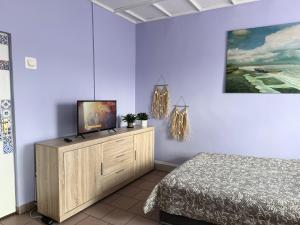 a bedroom with a bed and a tv on a cabinet at Studio Jolanta in Starachowice