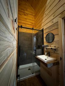 a bathroom with a shower and a sink at Auberge Boréale de Charlevoix in Petit-Saguenay