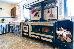 a kitchen with an oven with a fire in it at Il Bosco di Silvia in Bosco