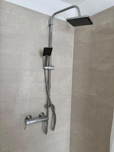 a shower with a shower head in a bathroom at Zimmer mit Küche und Bad in Wedemark