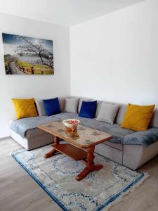 a living room with a couch and a coffee table at Panorama Plužine Apartment in Pluzine