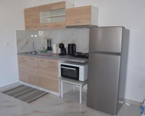 a kitchen with a refrigerator and a microwave at Gemini Apartment in Afantou