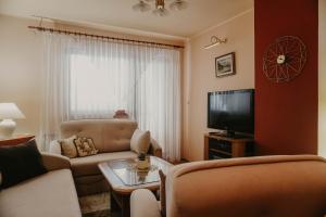 a living room with a couch and a tv at 3-Bedroom Residence - Prime Location with City View and Parking in Sarajevo