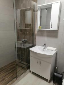 ein Badezimmer mit weißem Waschbecken und Dusche in der Unterkunft Hotel Bella Donna in Kumanovo + 36 Fotos