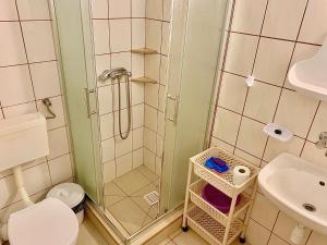 a bathroom with a shower and a toilet and a sink at Pokoje Gościnne Razem 10 min do plaży in Władysławowo +39 photos