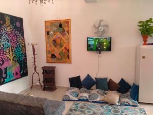 Studio في دهب: غرفة معيشة مع أريكة وتلفزيون على الحائط