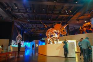 a group of people looking at a dinosaur exhibit in a museum at The Carriage House Retreat in Houston