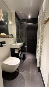een badkamer met een toilet, een wastafel en een douche bij B&B In de Schulp, retreat into your shell in Amstelveen
