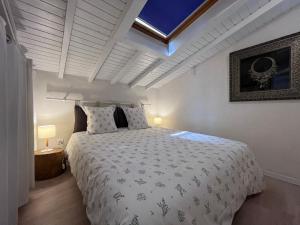 een slaapkamer met een bed en een dakraam bij Mas Picagnol in Oms
