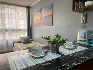 a living room with a table with two cups on it at Never Give Up Suites in Santiago