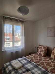 a small bedroom with a bed and a window at Appartement Fleur De Houblon in Schiltigheim