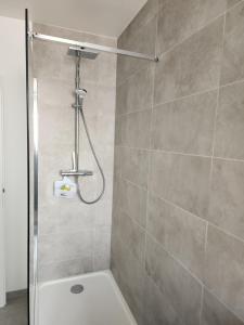 a bathroom with a shower with a toilet in it at Appartement Fleur De Houblon in Schiltigheim