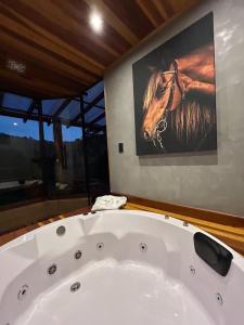 a bath tub with a picture of a horse on the wall at Refúgio Horse in Santo Antônio do Pinhal