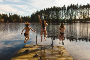 MervilleTiny house & Sauna on Lakefront Farm Oasis的三名女子从码头跳入湖中 更多11张照片