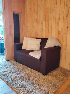 a brown couch sitting in a room with a rug at Cabaña Lugar de Paz in División +4 photos