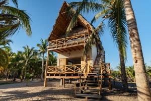 ein Haus am Strand mit Palmen in der Unterkunft Casa Vela Palafito en playa con alberca in La Manzanilla