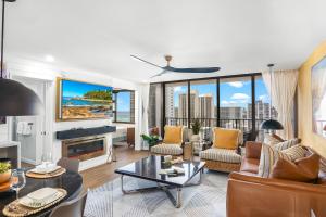 a living room with a view of the ocean at 30th Fl Luxury Ocean & Waikiki view with Free Parking in Honolulu