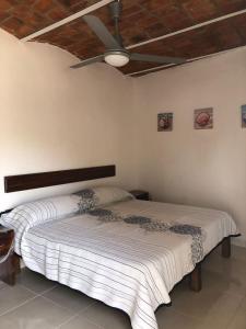 LA PUCCA HOTEL BOUTIQUE RESORT في بينيتا دي جالتيمبا: غرفة نوم بها سرير ومروحة سقف