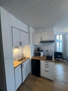 une petite cuisine avec un évier et un micro-ondes dans l'établissement Appartement de charme dans le residence historique du Grand hotel, à Aix-les-Bains