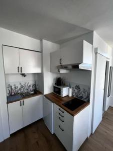 une petite cuisine avec des armoires blanches et un micro-ondes dans l'établissement Appartement de charme dans le residence historique du Grand hotel, à Aix-les-Bains 7 autres photos