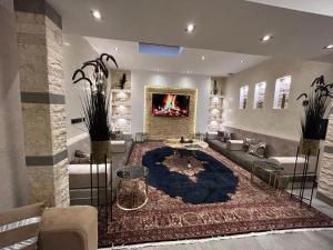 uma sala de estar com um sofá e uma lareira em Suites Aix la Chapelle, Exclusive Apartments, Wellness and more, Aachen City em Aachen