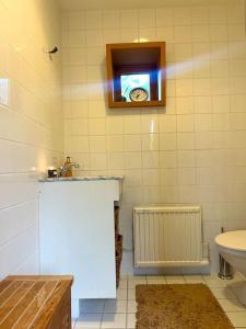 a bathroom with a sink and a toilet and a mirror at Mysigt sommarhus med havsutsikt och bastu in Vaxholm