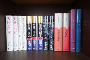 a row of books sitting on a shelf at Shakotan Detached House Stay in Shakotan