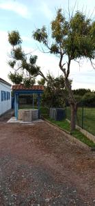 a blue shelter with a tree in a park at Chez Jeannot et Jeannette in Allards