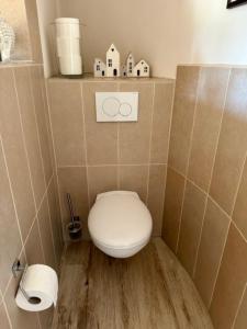a bathroom with a toilet and two rolls of toilet paper at Turm auf altem Bauernhof in Götterswickerhamm