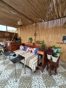 a room with a bed and a table with potted plants at DAR SANAE SURF in Aourir