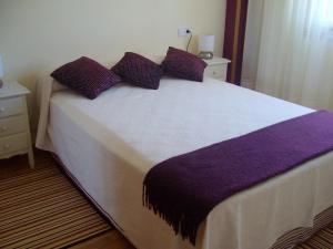 a bed with purple pillows on it in a bedroom at Apartamento en A Revolta, Sanxenxo in Sanxenxo +21 photos