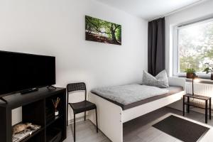 a living room with a bed and a tv at Ferienwohnung Arkadia Zentrale in Norderstedt