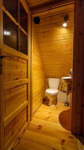 a wooden bathroom with a toilet and a sink at Domek w Sadzie in Marcinowa Wola +3 photos