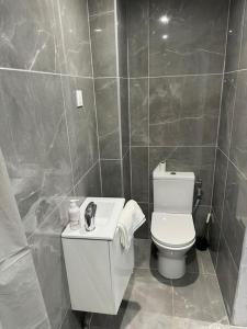Un baño con un inodoro blanco y un lavabo. en My House, en Choisy-le-Roi