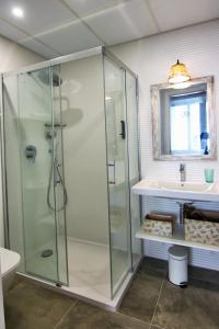 a bathroom with a glass shower and a sink at Apartamentos Almada - calle Alfonso - Plaza SAS in Zaragoza +68 photos