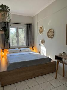una camera con un grande letto e una finestra di Olive Tree Apartments a Città di Lefkada