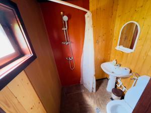 a bathroom with a toilet and a sink at Căsuțe Poiana Largului in Poiana Largului