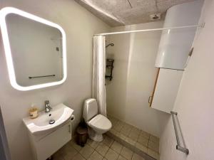a bathroom with a sink and a toilet and a mirror at Agger lejligheder - 100 m fra Vesterhavet in Vestervig