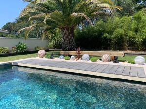 basen z palmą na dziedzińcu w obiekcie La Villa Des Trois Pins w mieście Andernos-les-Bains