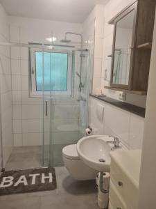 a bathroom with a shower and a toilet and a sink at Modernes Work and Stay Apartment Nähe Attendorn und Plettenberg für 5 Personen in Plettenberg