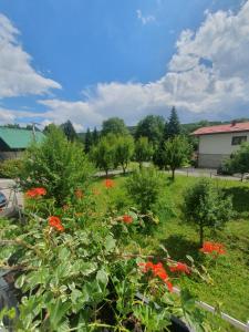 a view of a garden with red flowers at Guesthouse Nikola in Plitvička Jezera