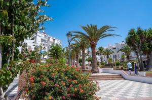a street in the city with palm trees and flowers at Brisas de Europa in Nerja